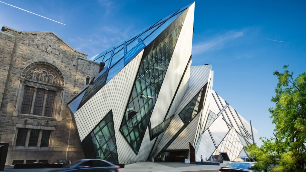 An exterior photo of the Royal Ontario Museum in Toronto, Canada.